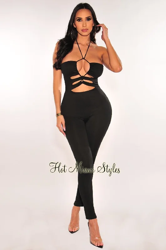 women's jumpsuits with rufflesBlack Criss Cross Cut Out Halter Open Back Jumpsuit