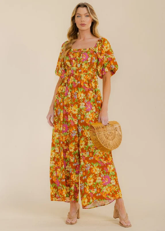 women's jumpsuits with floral printsWOMEN'S SHORT PUFF SLEEVE SMOCK FLORAL WIDE LEG JUMPSUIT