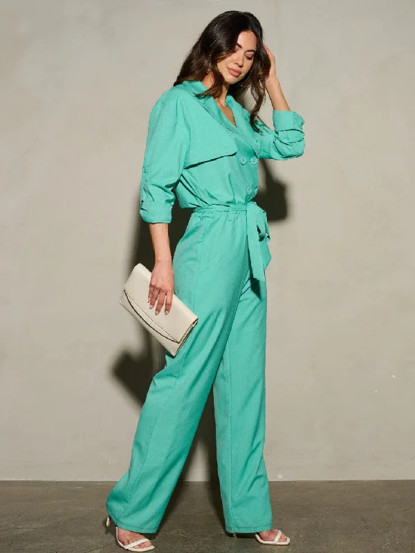 women's jumpsuits with flutter sleevesWOMEN'S LONG SLEEVE BUTTON CLOSURE SELF TIE POCKETS WIDE LEG JUMPSUIT