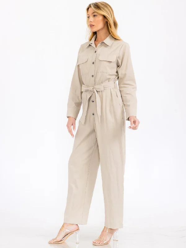 women's jumpsuits with round necksWOMEN'S LONG SLEEVE BUTTON UP SELF TIE FRONT POCKETS WIDE LEG JUMPSUIT