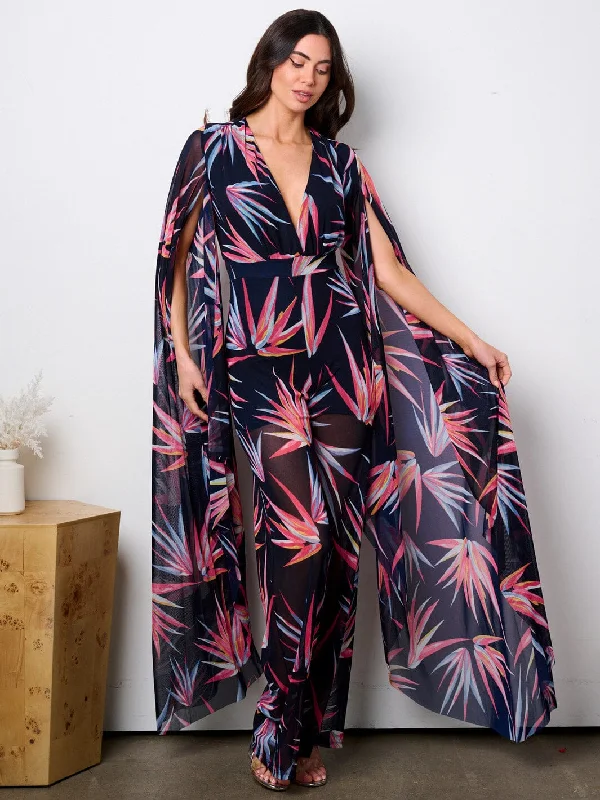 women's jumpsuits for statement fashionWOMEN'S LONG BELL SLEEVE V-NECK WIDE LEG LEAF PRINT JUMPSUIT