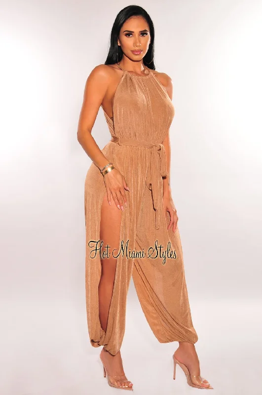 women's jumpsuits for statement fashionMocha Shimmery Slit Hem Belted Harem Jumpsuit