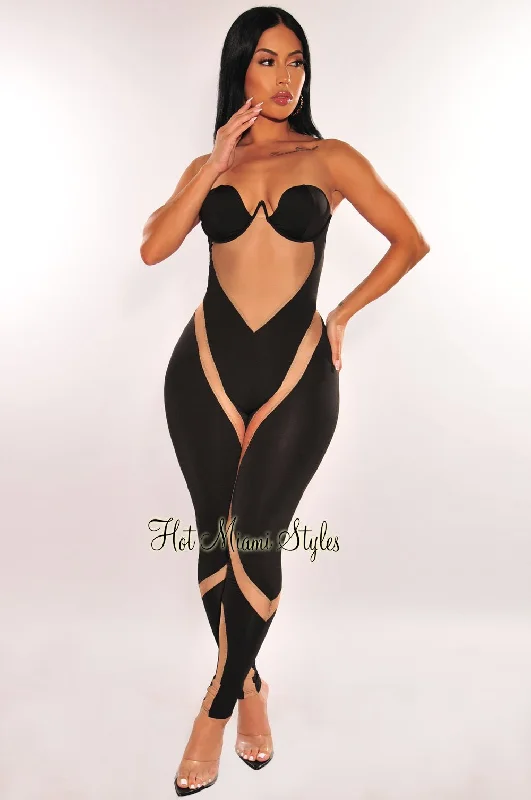 women's jumpsuits for fallBlack Nude Mesh Padded Strapless Underwire Jumpsuit