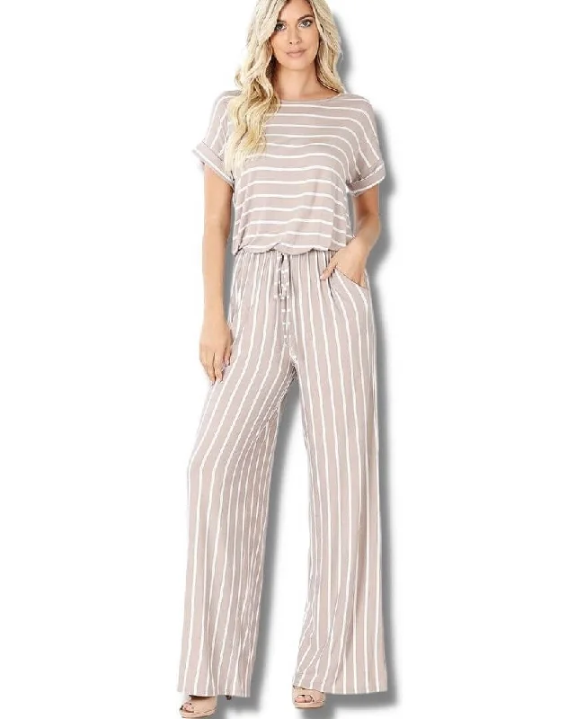 women's jumpsuits for maternity wearStriped Short Sleeve Jumpsuit-Beige