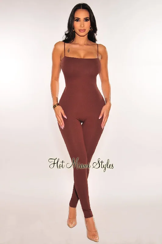 women's jumpsuits for easy dressingChocolate Spaghetti Straps Cut Out Back Jumpsuit