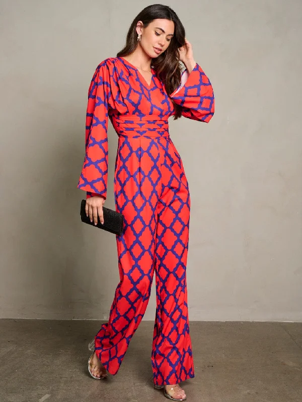 women's jumpsuits for pear-shaped bodiesWOMEN'S LONG PUFF SLEEVE SURPLICE PRINTED WIDE LEG JUMPSUIT