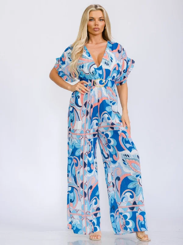 women's jumpsuits for winterWOMEN'S LONG SLEEVE V-NECK BELTED MULTI PRINT PLEATED WIDE LEG JUMPSUIT