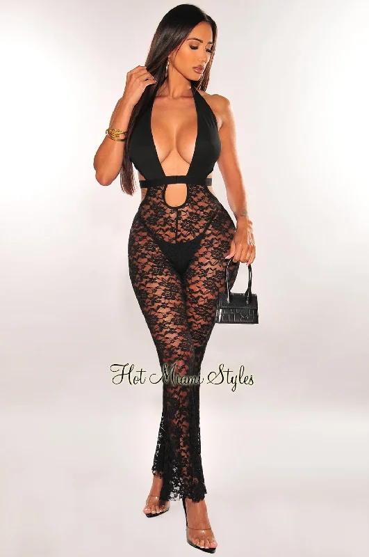 women's jumpsuits for ethical manufacturingBlack Lace Halter Cut Out Strappy Flared Jumpsuit