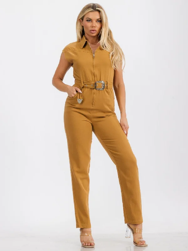 women's jumpsuits with self-ties at the waistWOMENS' SHORT SLEEVE ZIP UP FRONT POCKETS BELTED JUMPSUIT