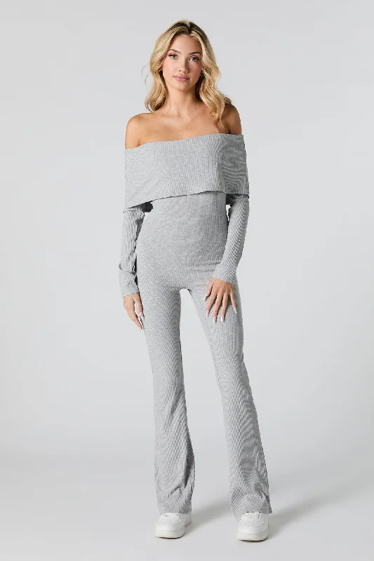 women's wide-leg jumpsuitsRibbed Off Shoulder Long Sleeve Jumpsuit