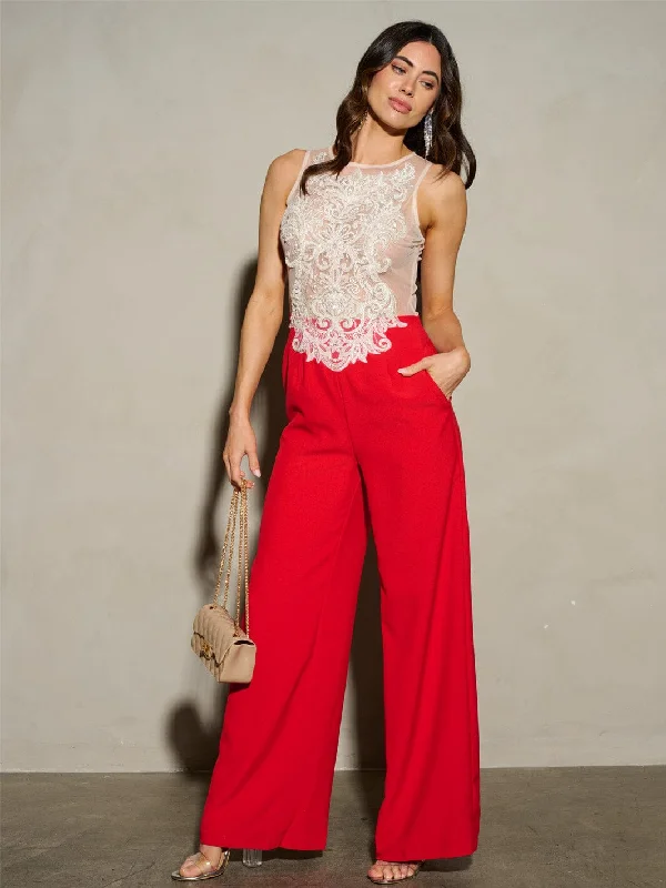 women's jumpsuits with Peter Pan collarsWOMEN'S SLEEVELESS MESH EMBROIDERY WIDE LEG JUMPSUIT