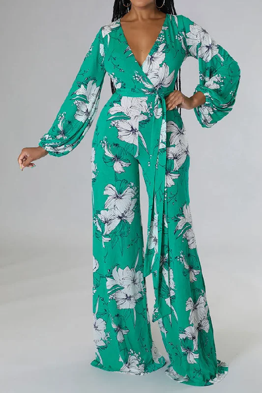 women's jumpsuits for eco-friendly choicesFloral Print Plunging Glamorous Belted Jumpsuit