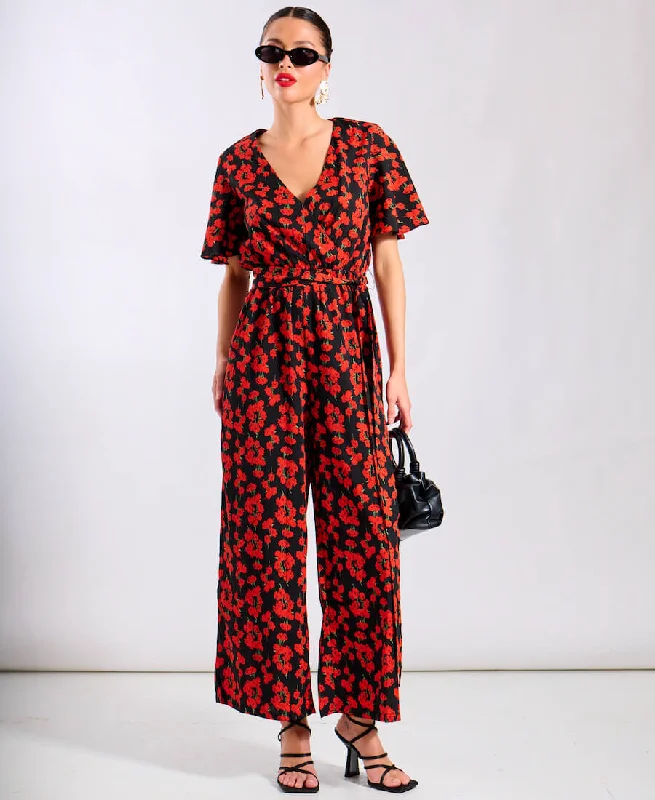 women's jumpsuits with flutter sleevesRed Floral Flutter Sleeve Jumpsuit