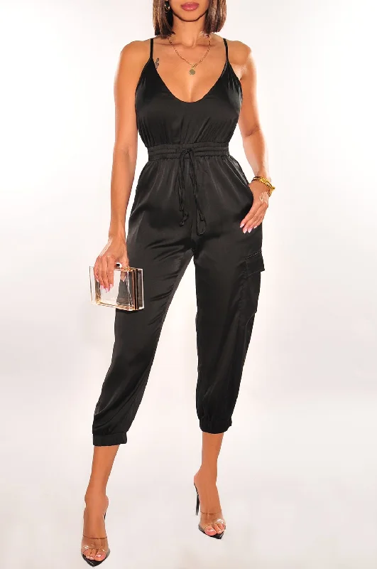 women's jumpsuits with buttonsBlack Satin Spaghetti Strap Snatched Jumpsuit