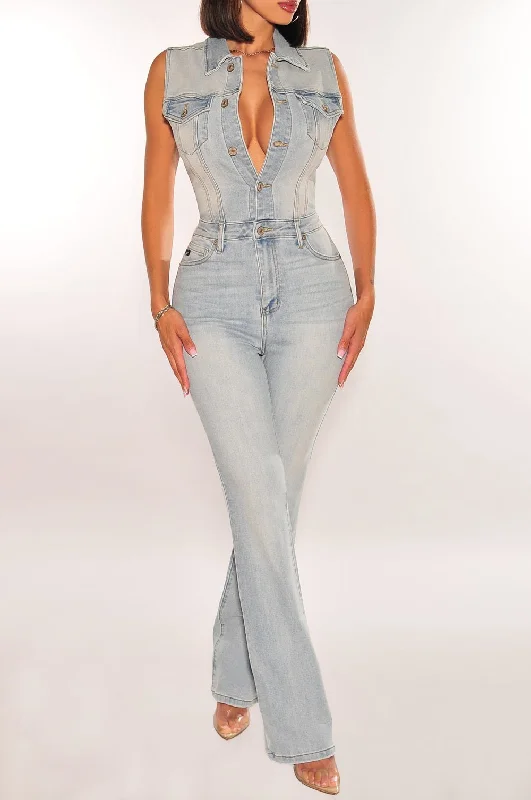 women's jumpsuits for laid-back looksDenim Sleeveless Collared Button Up Jumpsuit