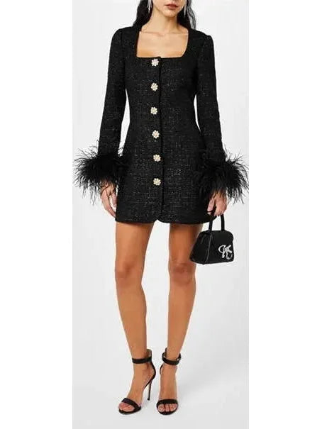 designer Mimi dresses under $100Boucle Feather Mini Dress