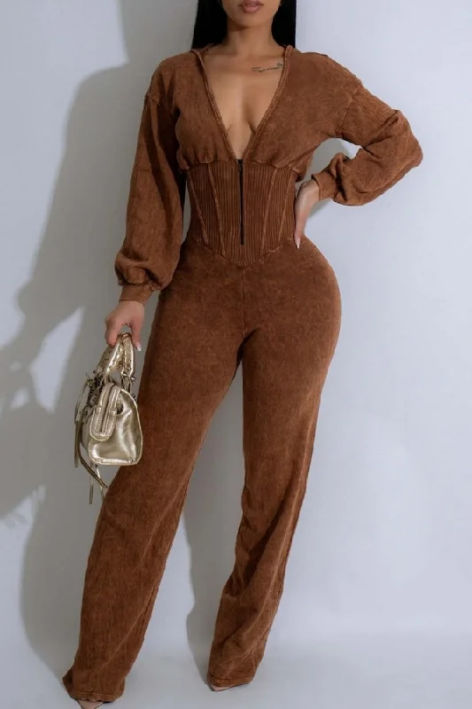 women's cropped jumpsuitsPatchwork Solid Color Hooded Urban Jumpsuit