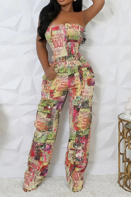 women's casual jumpsuitsColorful Newspaper Print Strapless Multi Pocket Denim Jumpsuit