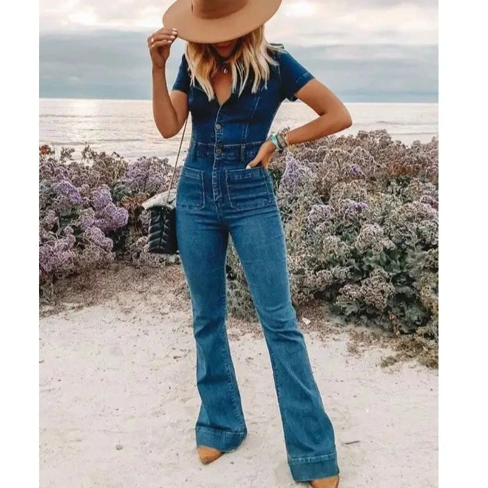 women's casual jumpsuitsWomen's Bellbottom Denim Jumpsuit in Medium Wash