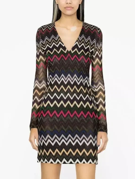 cute and flirty Mimi dresses for a playful touchMulticolor Zig Zag Knit Metallic V-Neck Mini Dress