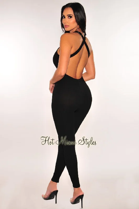 women's jumpsuits for pear-shaped bodiesBlack Ribbed Sleeveless Criss Cross Back Jumpsuit