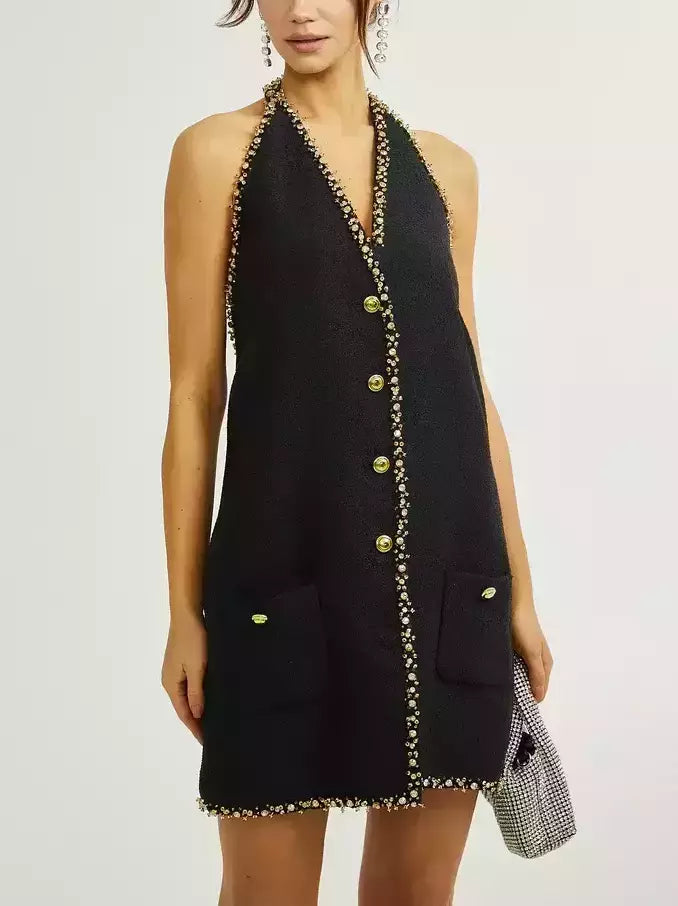 formal Mimi dresses for eventsBackless Black Embellished Halter-Neck Mini Dress