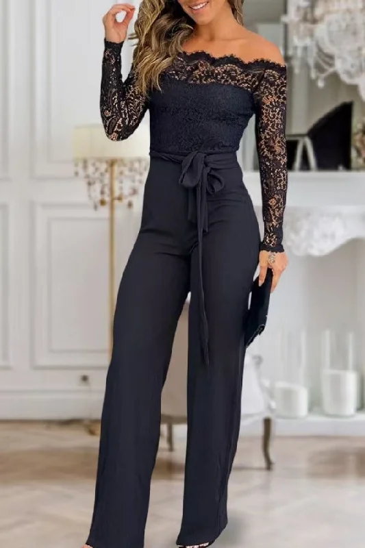 women's retro jumpsuitsBlack Lace Patchwork Off Shoulder Rocking Belted Jumpsuit