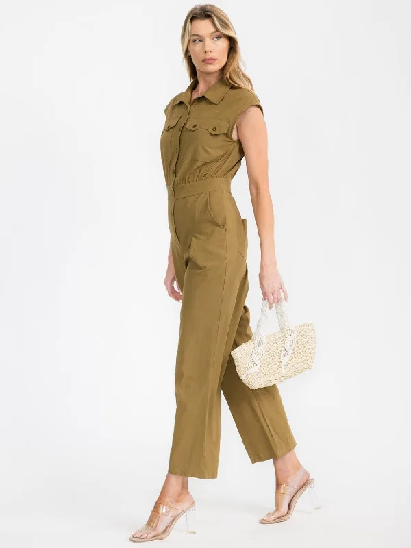 women's jumpsuits made of cottonWOMEN'S SLEEVELESS BUTTON UP POCKETS WIDE LEG JUMPSUIT