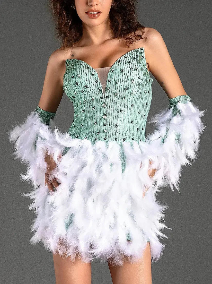 maxi Mimi dresses with flutter sleevesEmbellished Strapless Feather Mini Dress with Matching Gloves