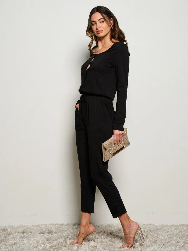 women's jumpsuits for beach outingsWOMEN'S LONG SLEEVE ELASTIC WAIST POCKETS SELF TIE JUMPSUIT