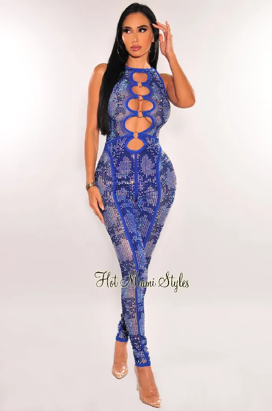 women's jumpsuits for bohemian chicRoyal Blue Rhinestone Mesh O-Ring Cut Out Sleeveless Jumpsuit