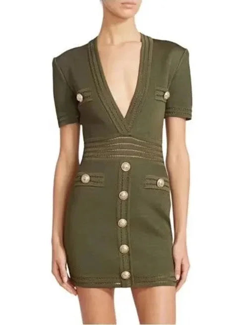 vintage Mimi dresses for classic styleButton-Embellished V-Neck Mini Dress, Green