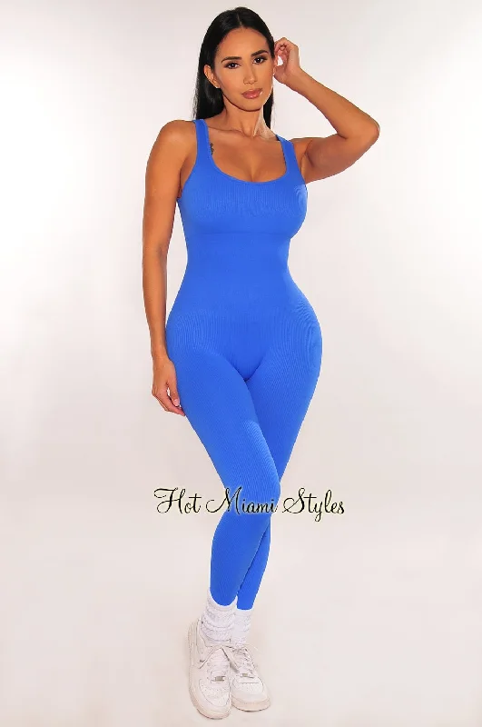 women's fitted jumpsuitsHMS Fit: Royal Blue Seamless Ribbed Tank Padded Snatched Jumpsuit