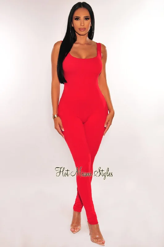 women's jumpsuits for yogaHMS Essential: Red Spaghetti Strap Open Back Perfect Fit Jumpsuit