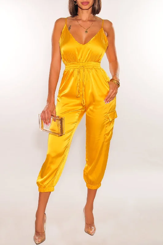 women's jumpsuits with pocketsYellow Gold Satin Spaghetti Strap Snatched Jumpsuit