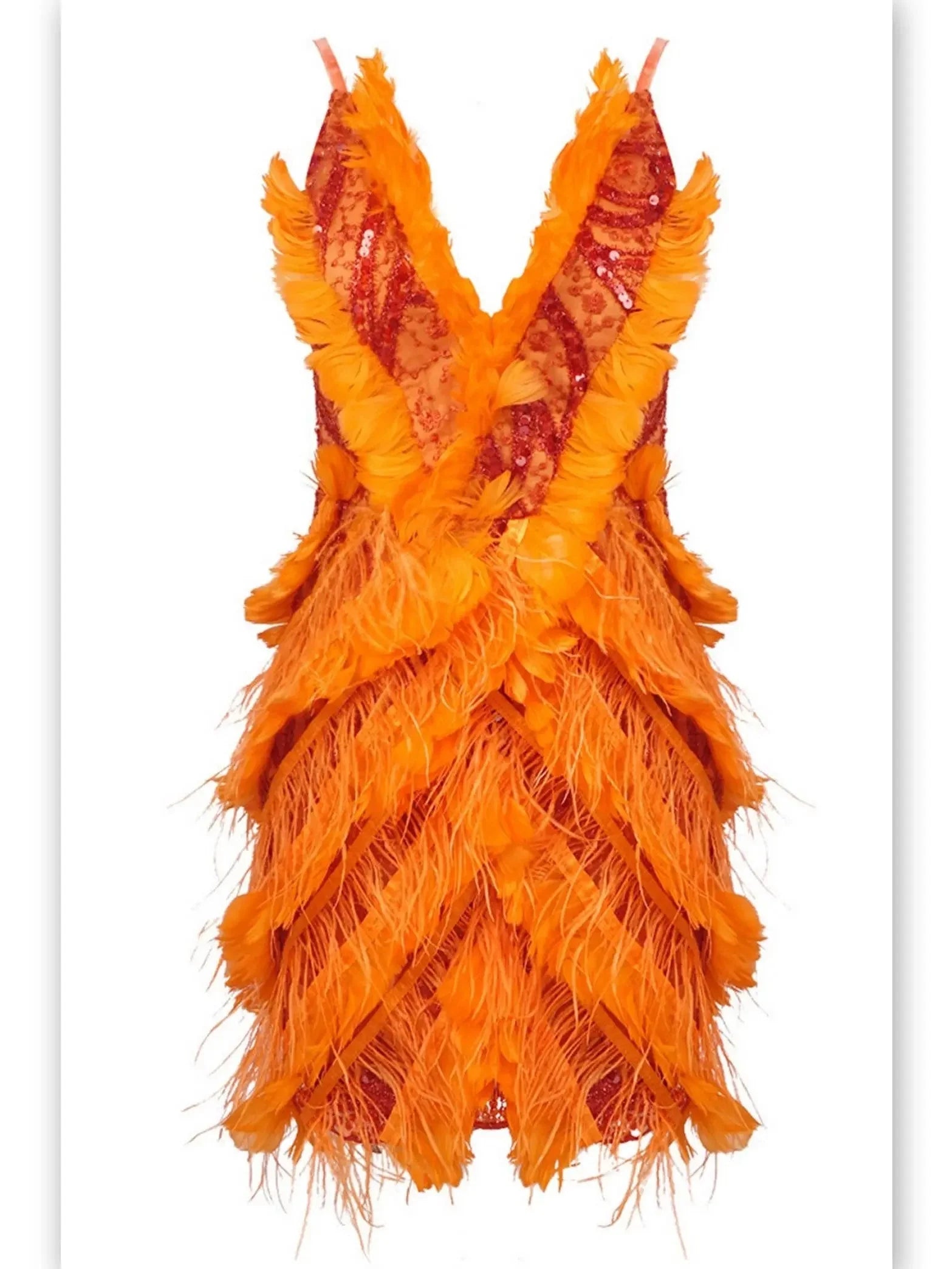 stretch floral Mimi dresses for all-day comfortFeather-Trim Sequin-Embellished Mini Dress in Orange