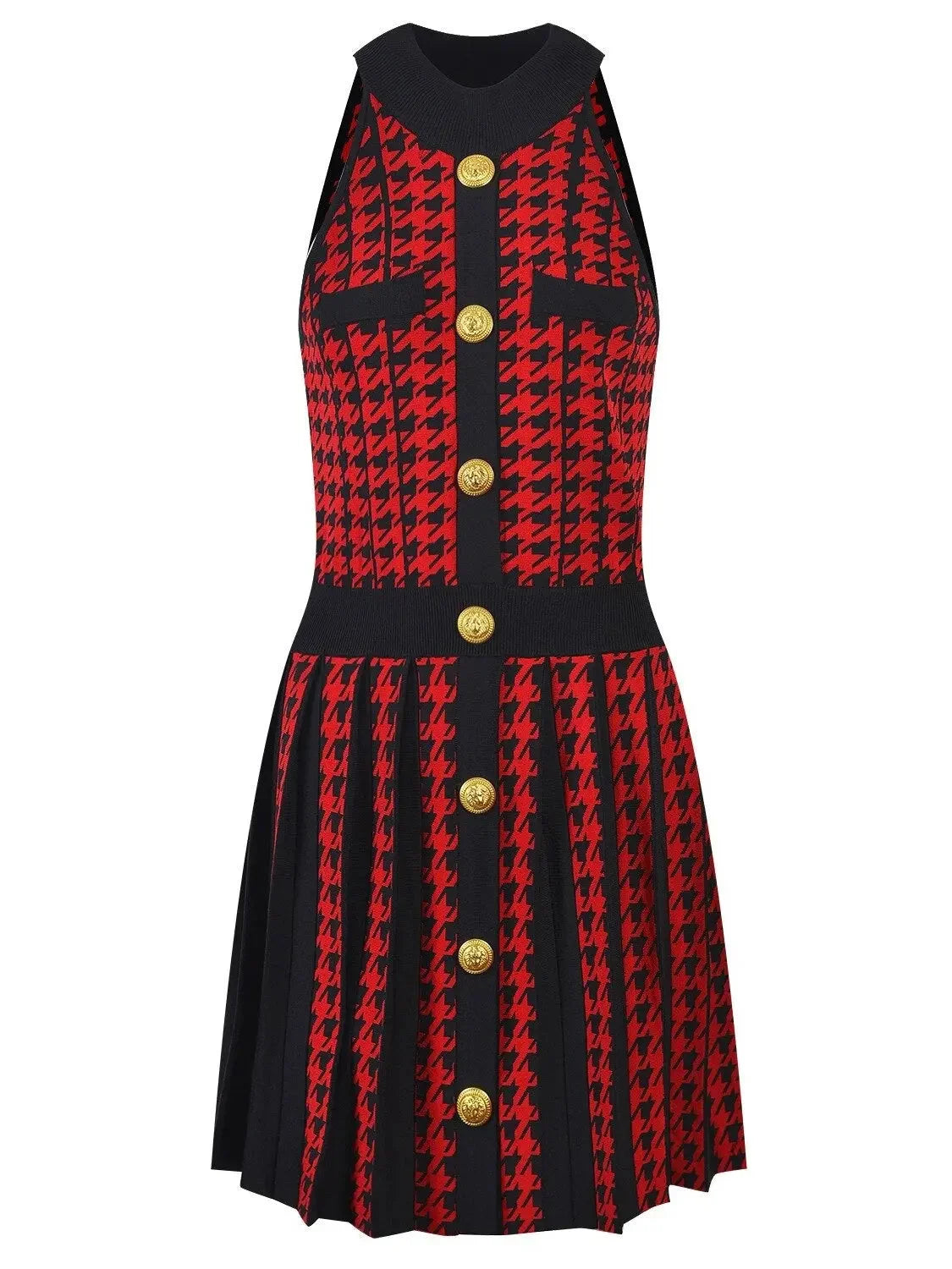 mini polka dot Mimi dresses for fun outingsHoundstooth Pleated Mini Dress, Red and Black