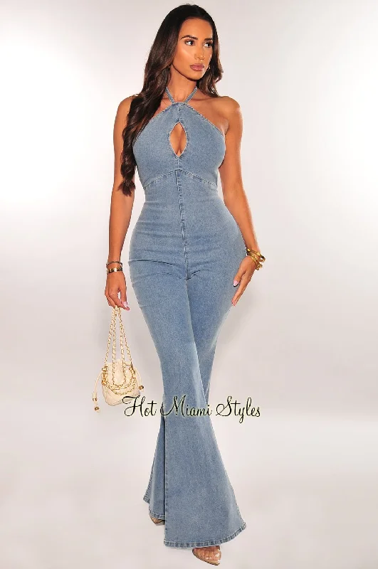 women's jumpsuits for eco-friendly choicesDenim Halter Keyhole Bell Bottom Jumpsuit