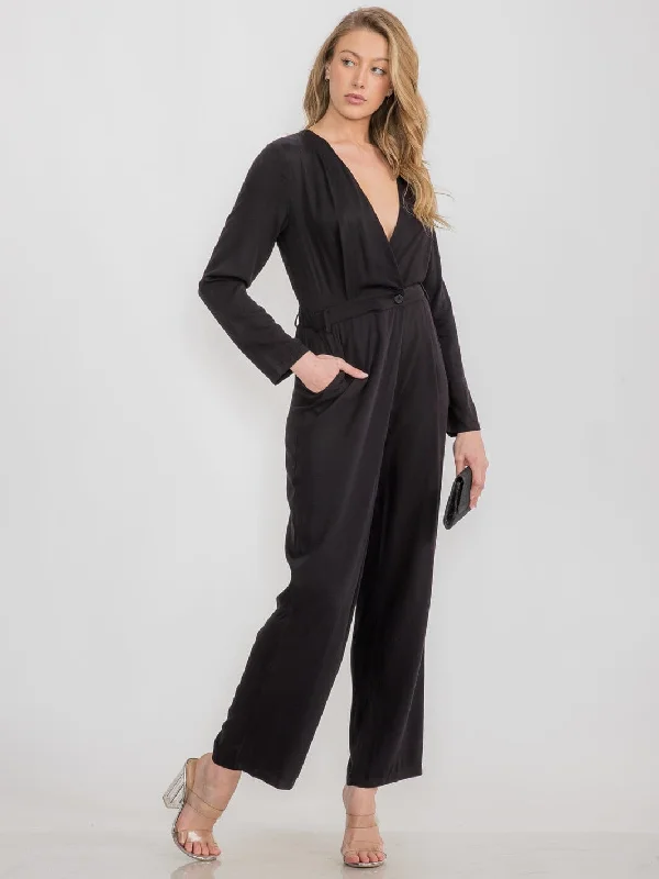 women's jumpsuits made of chiffonWOMEN'S LONG SLEEVE FRONT POCKETS V-NECK WIDE LEG JUMPSUIT