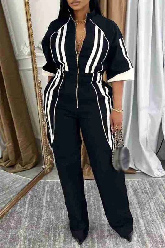 women's loose-fit jumpsuitsHit Color Sporty Zipper Straight Leg Jumpsuit