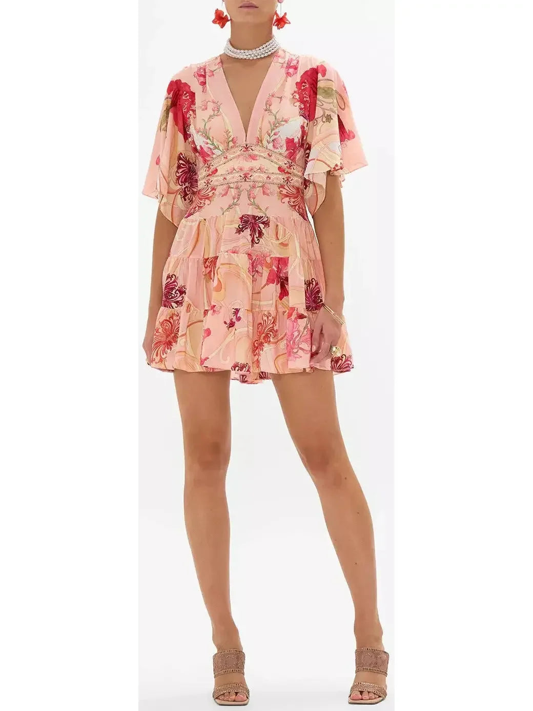 colorful Mimi dresses collectionBlush Pink Floral-Printed Low-Cut Silk Mini Dress