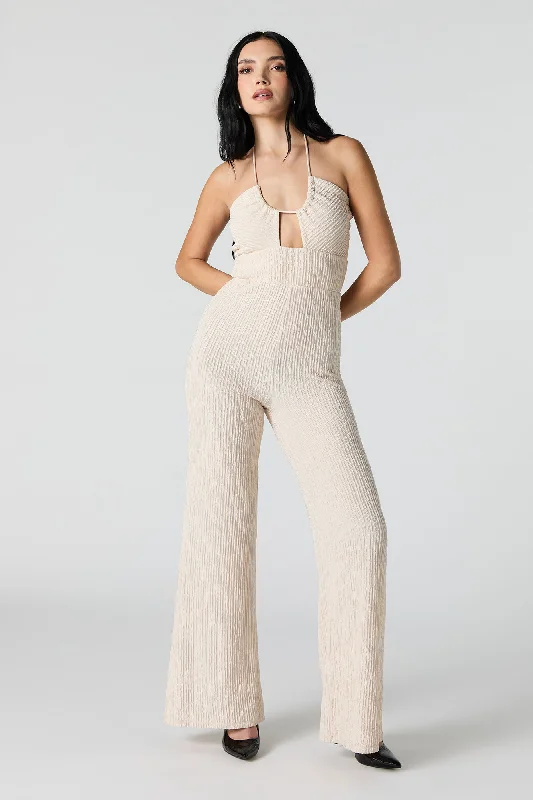 women's cropped jumpsuitsTextured Halter Wide Leg Jumpsuit