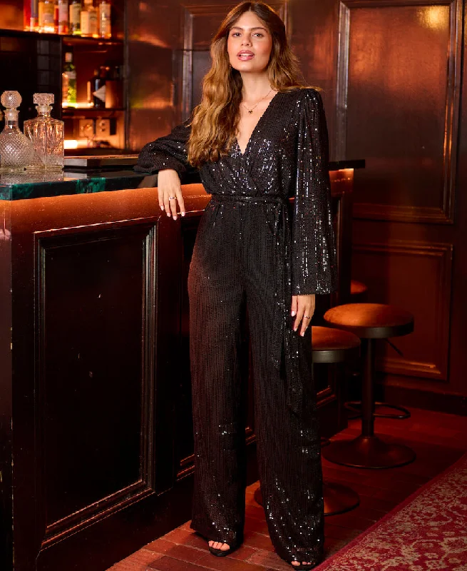 women's jumpsuits with spaghetti strapsBlack Sequin Jersey Jumpsuit