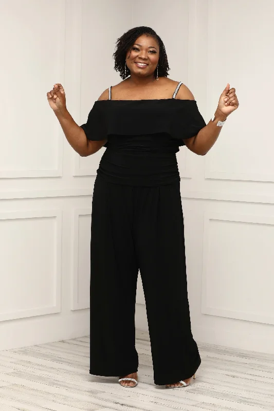 women's jumpsuits for everyday wearWomen's Plus Size Cold Shoulder Ruched Waist Jumpsuit - Wedding Guest Outfit