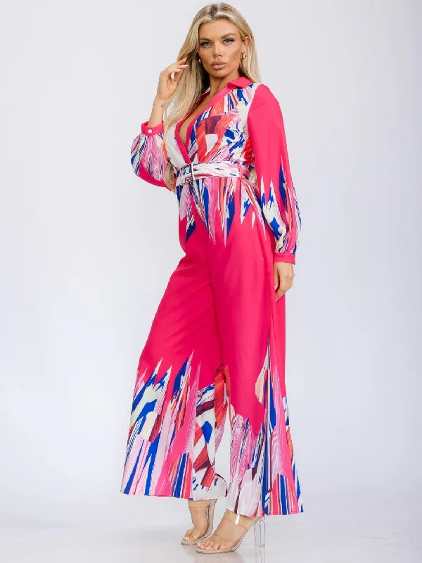 women's jumpsuits for formal eventsWOMEN'S LONG SLEEVE SURPLICE BELTED MULTI PRINT WIDE LEG JUMPSUIT