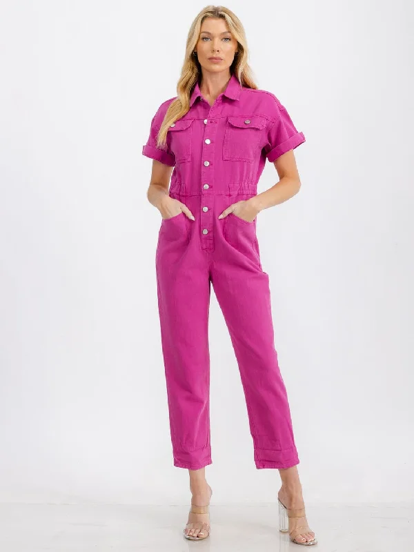 women's jumpsuits with striped patternsWOMEN'S SHORT SLEEVE BUTTON UP POCKETS WIDE LEG DENIM JUMPSUIT