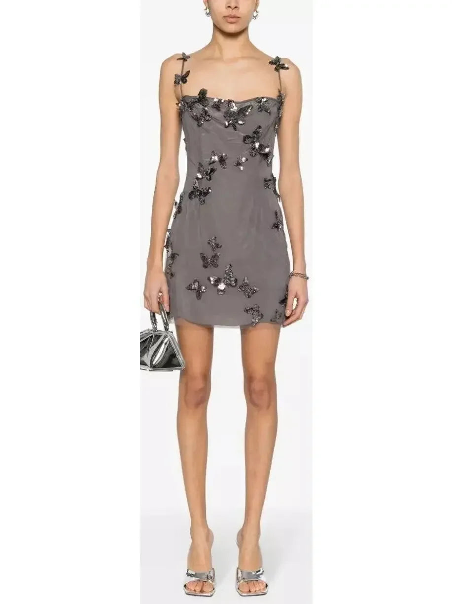 high-low Mimi dresses trendBackless Butterfly-Sequin-Applique Mesh-Overlay Mini Dress