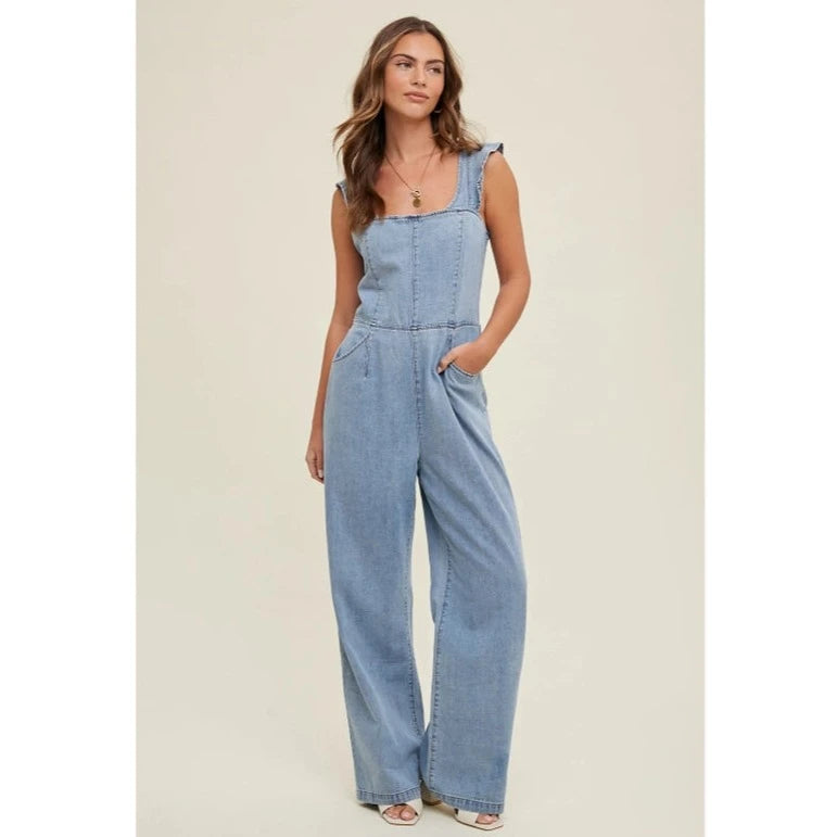 women's jumpsuits for lightweight designsWomen's Ruffle Open Back Denim Jumpsuit in Light Wash