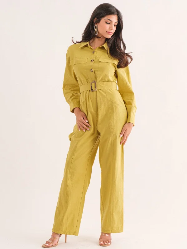 women's jumpsuits with cinched waistsWOMEN'S LONG SLEEVE BUTTON UP POCKETS BELTED JUMPSUIT