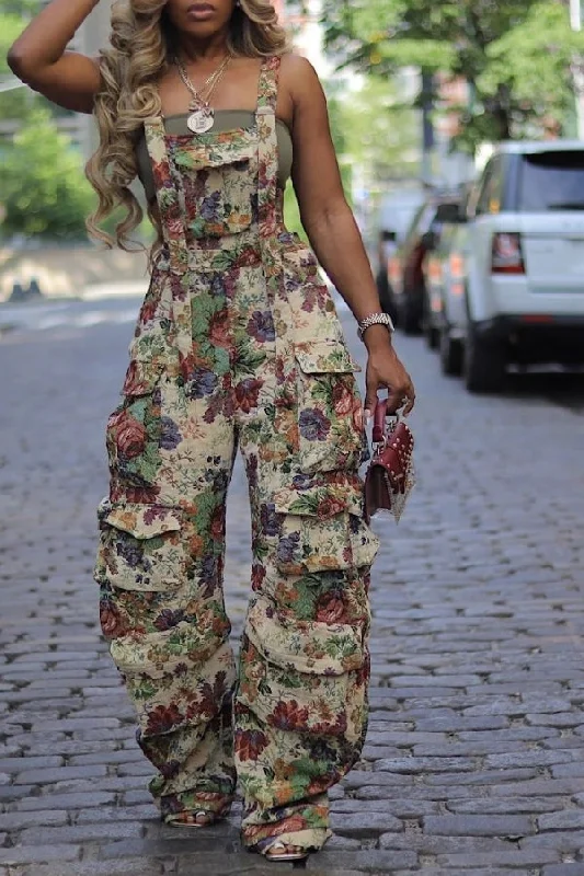 women's jumpsuits with zippersFloral Print Cozy Multi Pocket Suspenders Jumpsuit